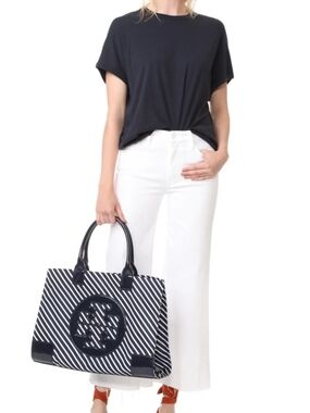 Tory Burch Ella Navy Blue & White Striped Canvas Tote Bag